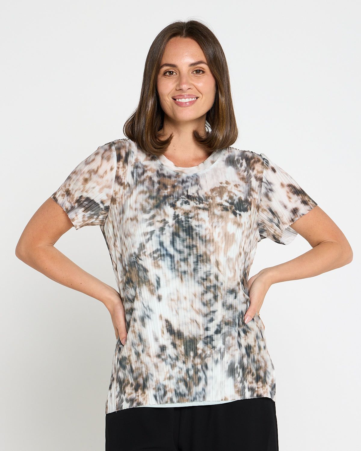 Christine Printed Pleat Mesh Top - Safari Haze