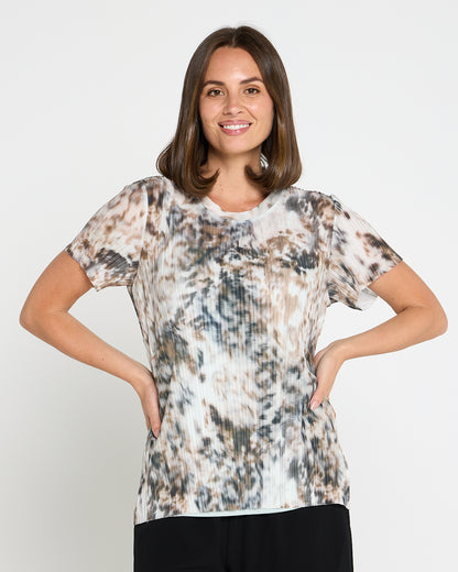 Christine Printed Pleat Mesh Top - Safari Haze