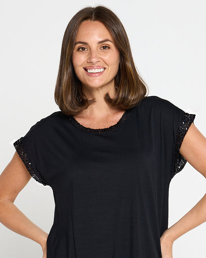 Sequin Trim Sparkle Top - Black