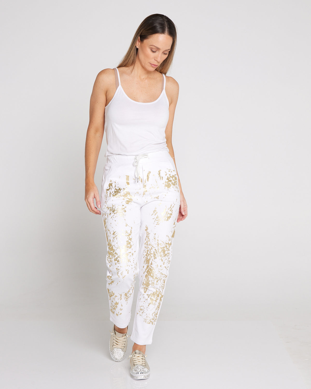 Renee Pants - White/Gold Foil