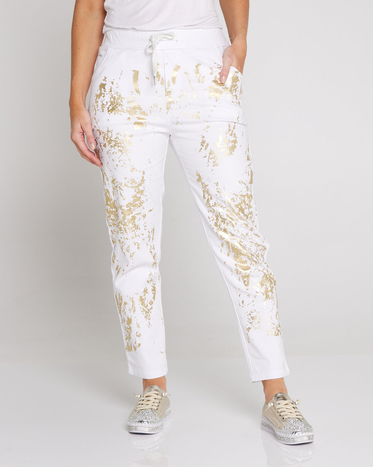 Renee Pants - White/Gold Foil