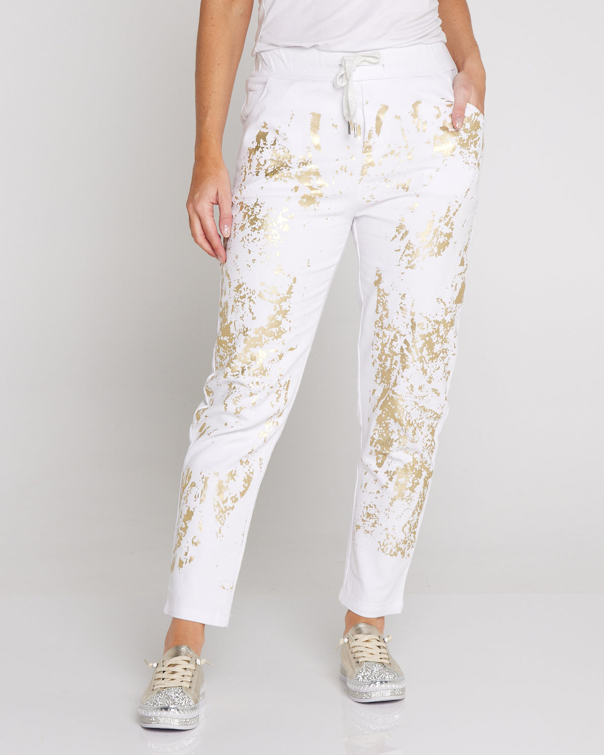 Renee Pants - White/Gold Foil