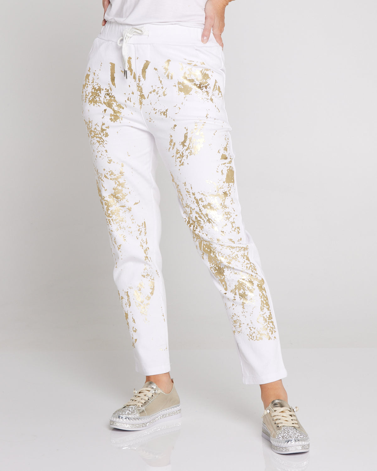 Renee Pants - White/Gold Foil