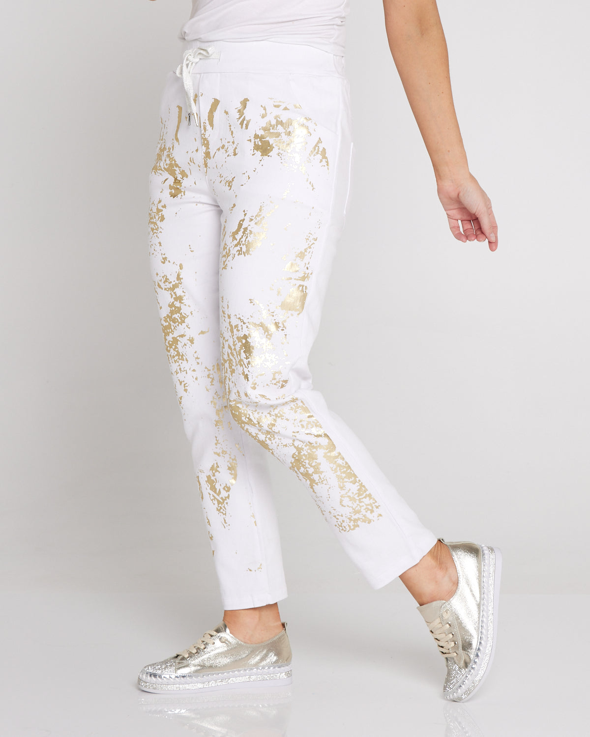 Renee Pants - White/Gold Foil