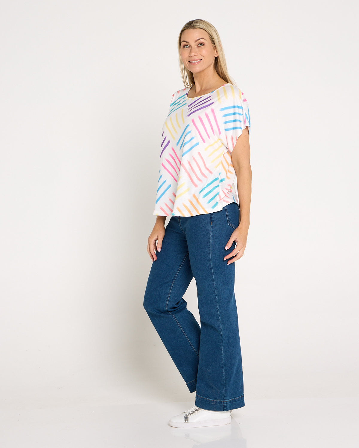 Fiesta Easy Care Tee - White/Rainbow Swatch