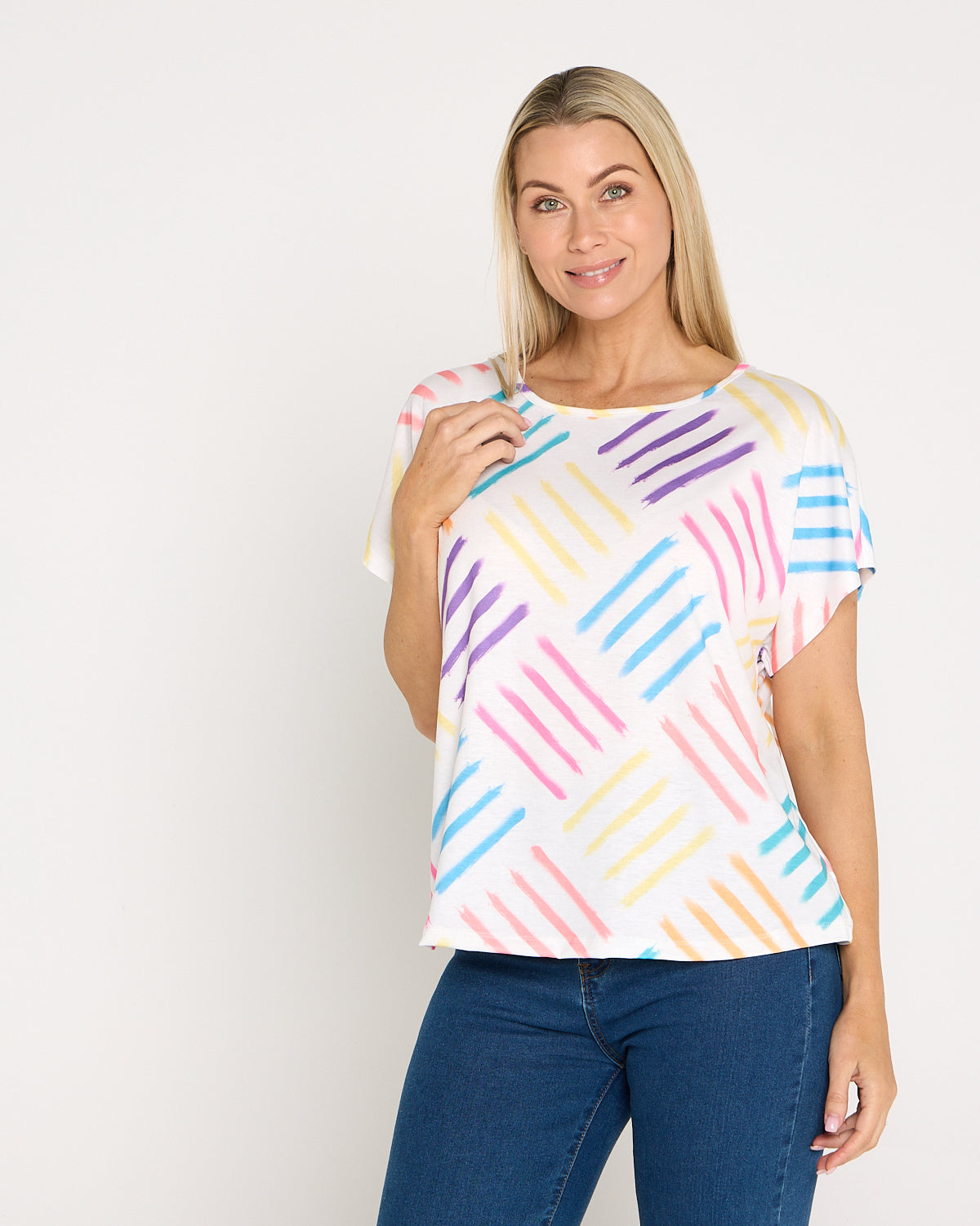 Fiesta Easy Care Tee - White/Rainbow Swatch