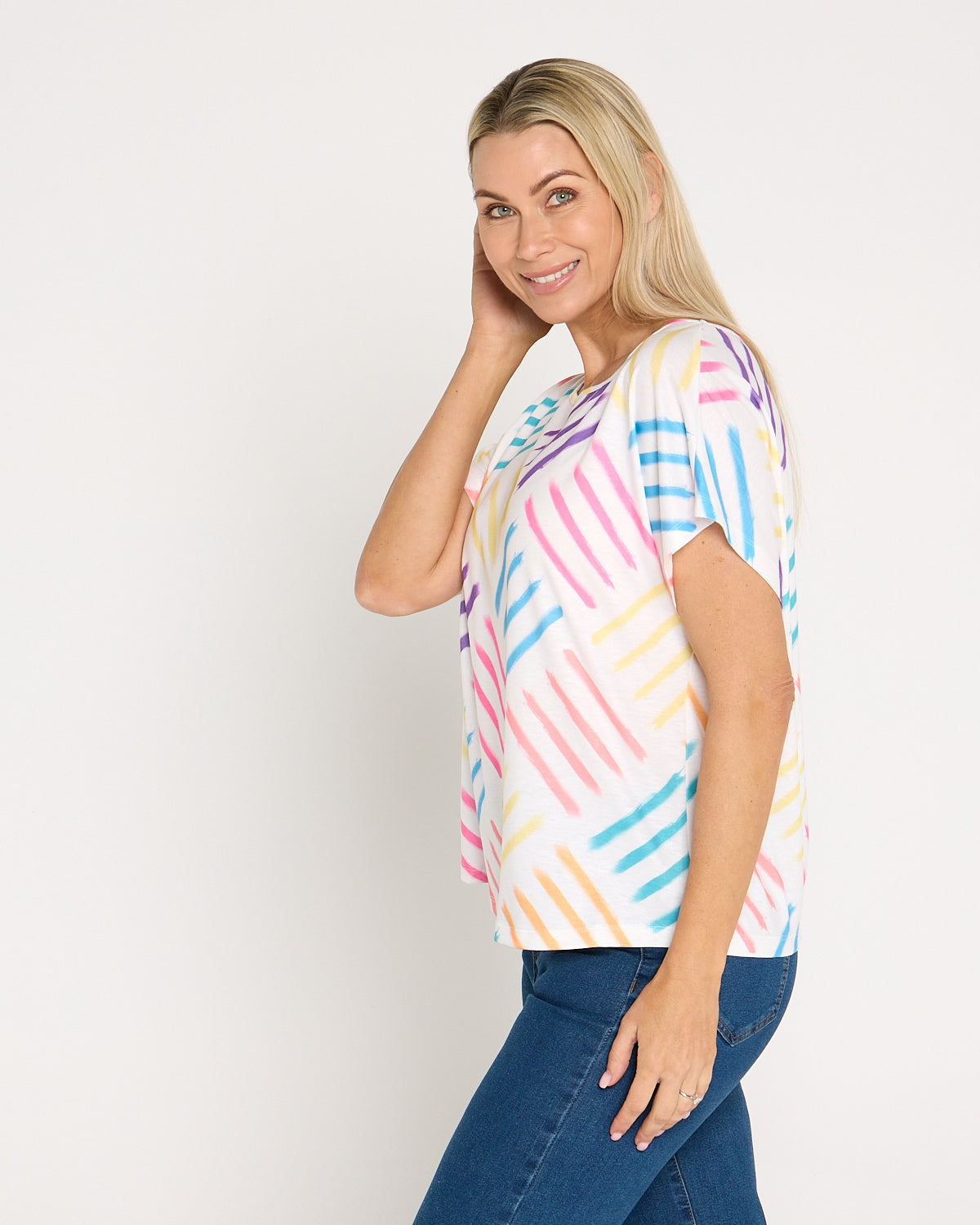 Fiesta Easy Care Tee - White/Rainbow Swatch