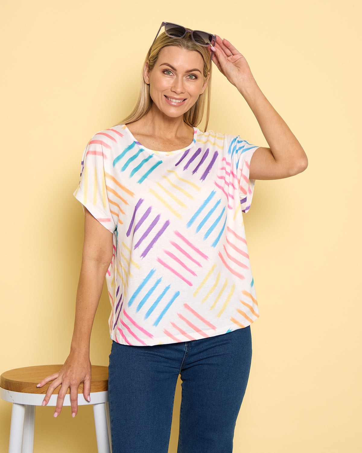 Fiesta Easy Care Tee - White/Rainbow Swatch