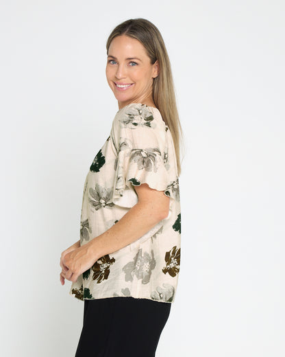 Naturalist Top - Cream/Choc Khaki Floral