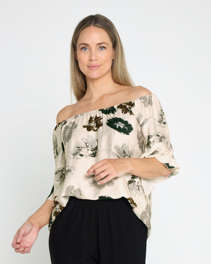 Naturalist Top - Cream/Choc Khaki Floral