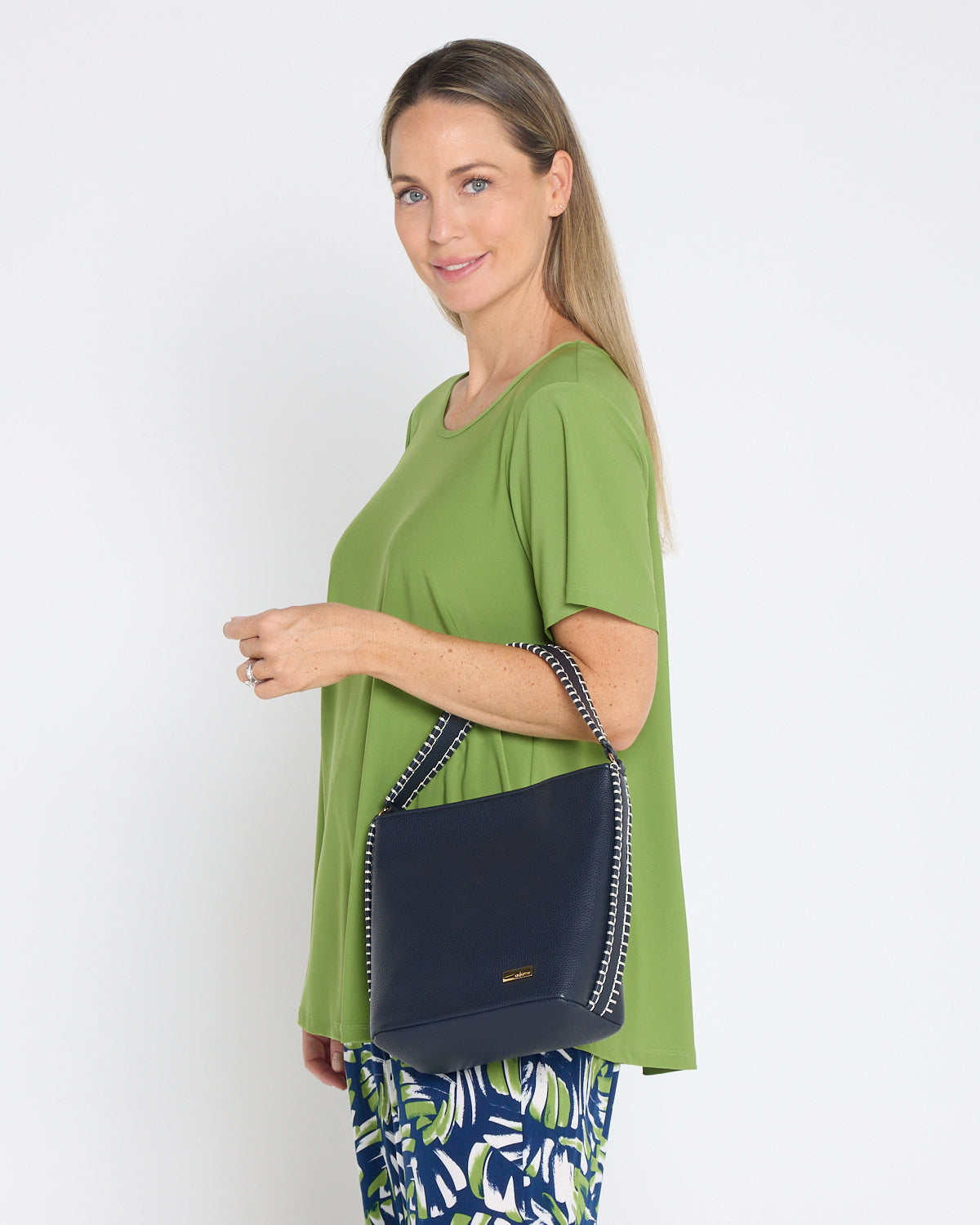 Stevie Blanket Stitch Bucket Bag – Navy & White