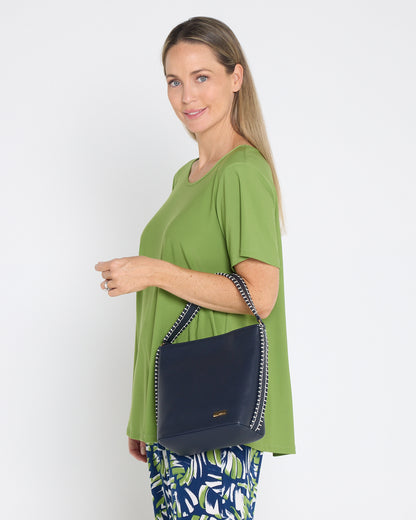 Stevie Blanket Stitch Bucket Bag – Navy & White