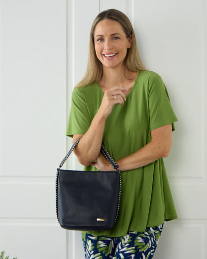 Stevie Blanket Stitch Bucket Bag – Navy & White