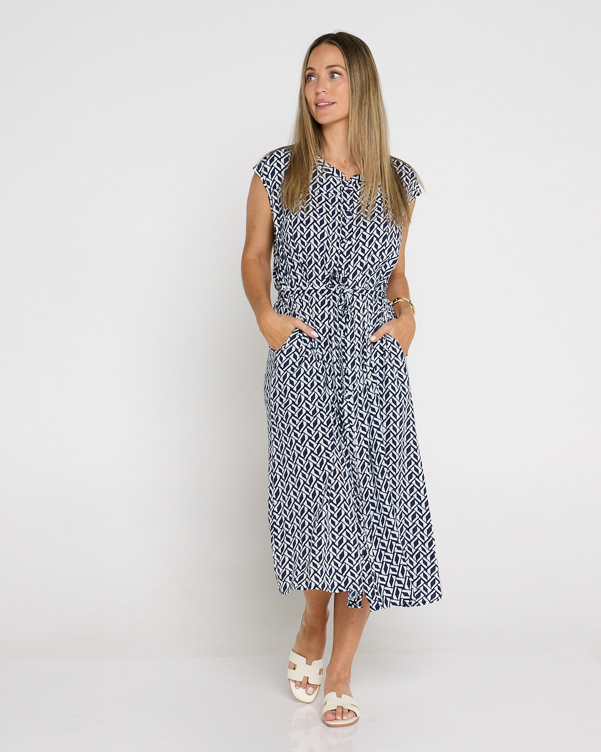 Theodore Sleeveless Shirt Dress - Navy/White