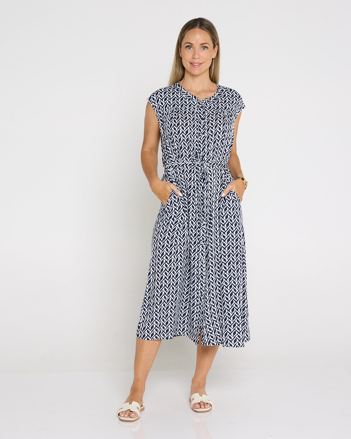 Theodore Sleeveless Shirt Dress - Navy/White