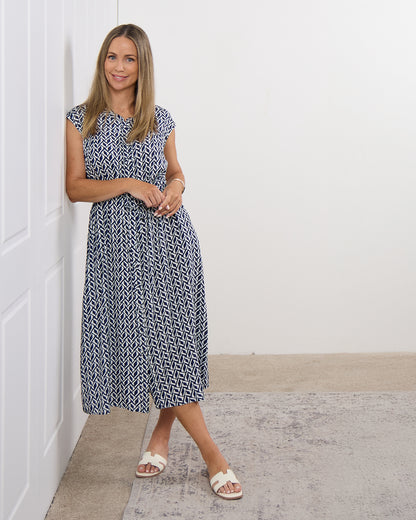 Theodore Sleeveless Shirt Dress - Navy/White
