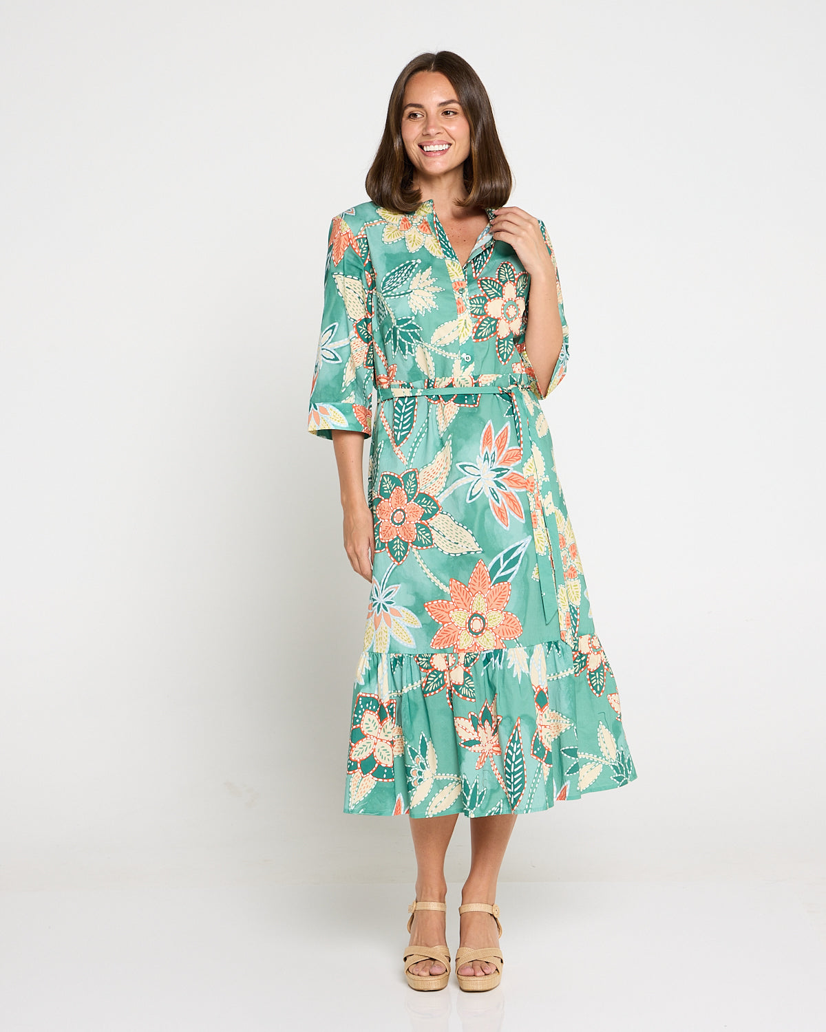Larisa Shirt Dress - Mint/Peach Floral