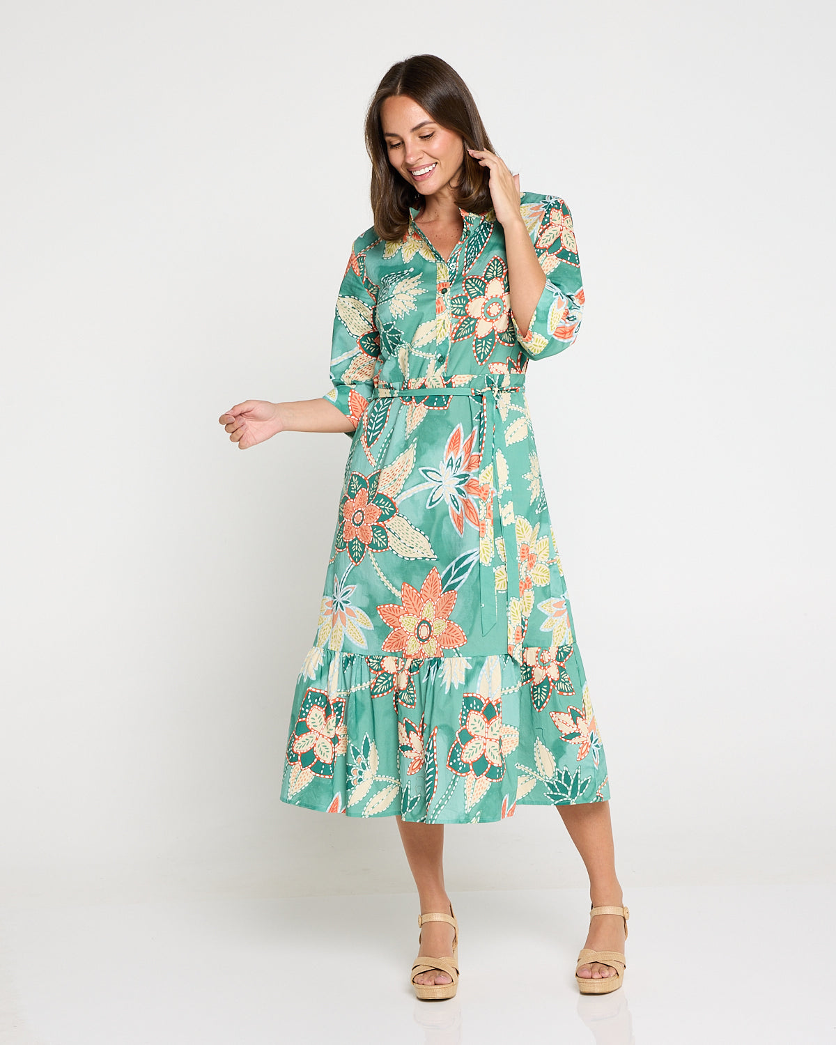 Larisa Shirt Dress - Mint/Peach Floral