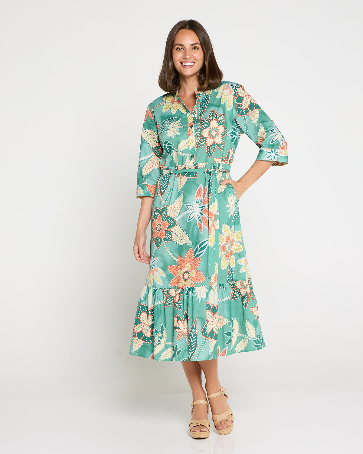 Larisa Shirt Dress - Mint/Peach Floral