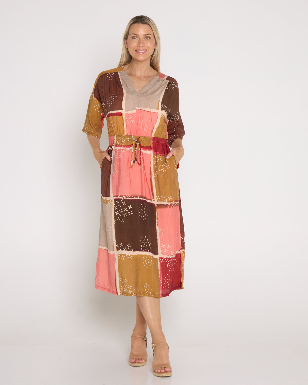 Allena Kaftan Dress - Coral/Bronze Patch
