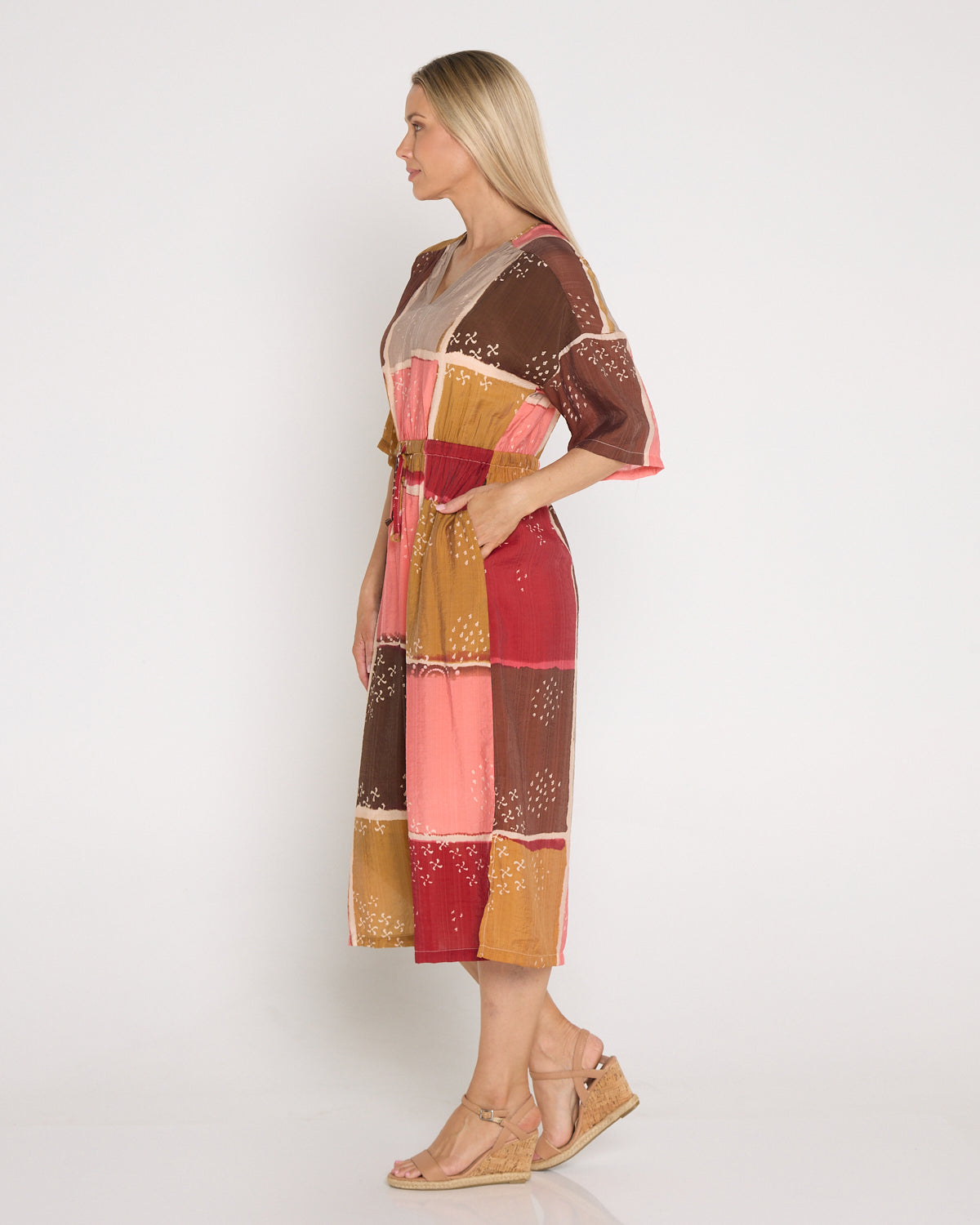 Allena Kaftan Dress - Coral/Bronze Patch