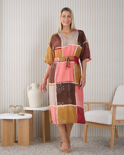 Allena Kaftan Dress - Coral/Bronze Patch