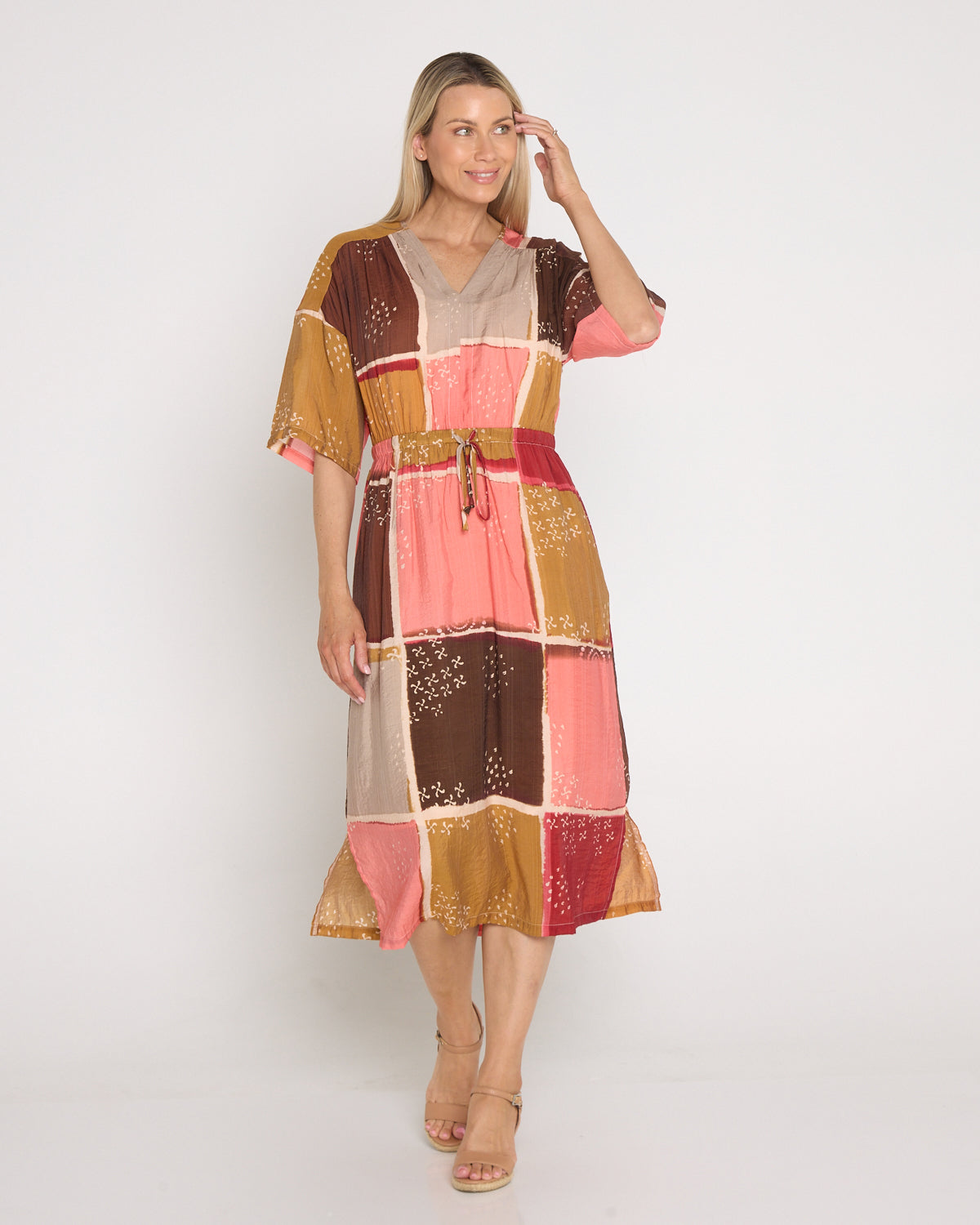 Allena Kaftan Dress - Coral/Bronze Patch