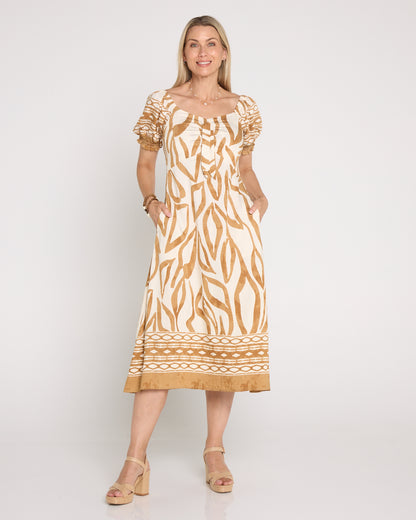 Adelina Puff Sleeve Dress - Sand Botanical
