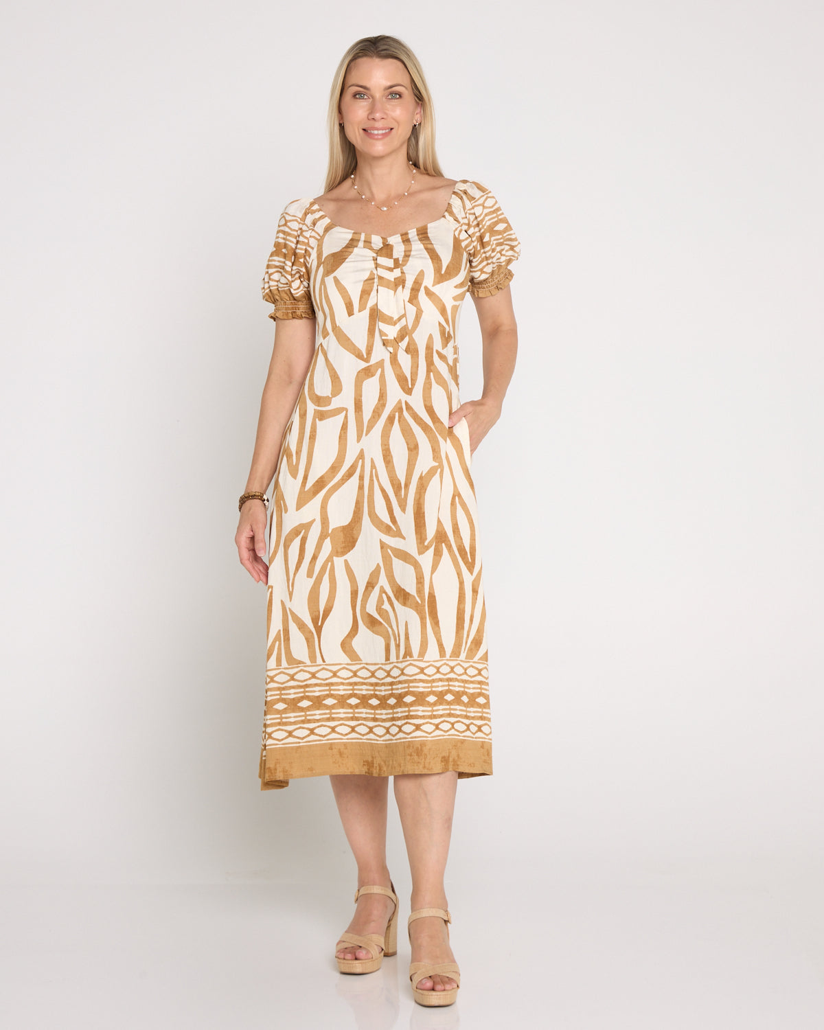 Adelina Puff Sleeve Dress - Sand Botanical