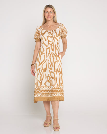 Adelina Puff Sleeve Dress - Sand Botanical