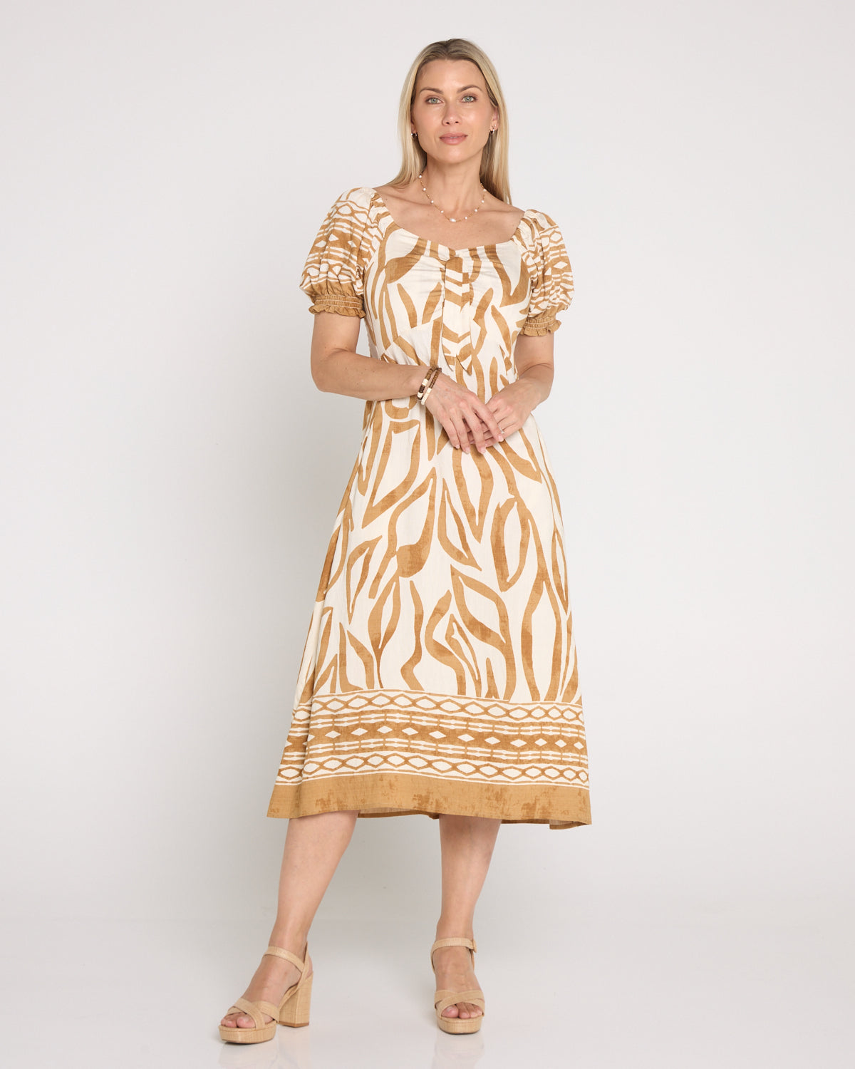 Adelina Puff Sleeve Dress - Sand Botanical