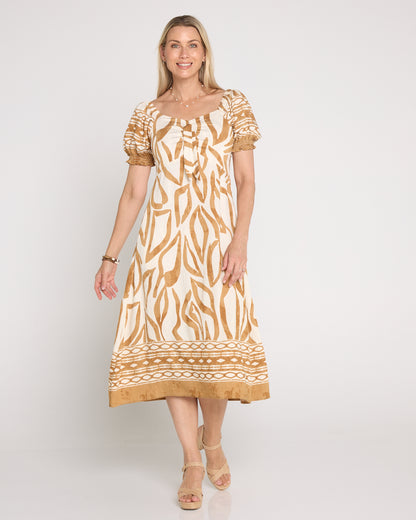 Adelina Puff Sleeve Dress - Sand Botanical