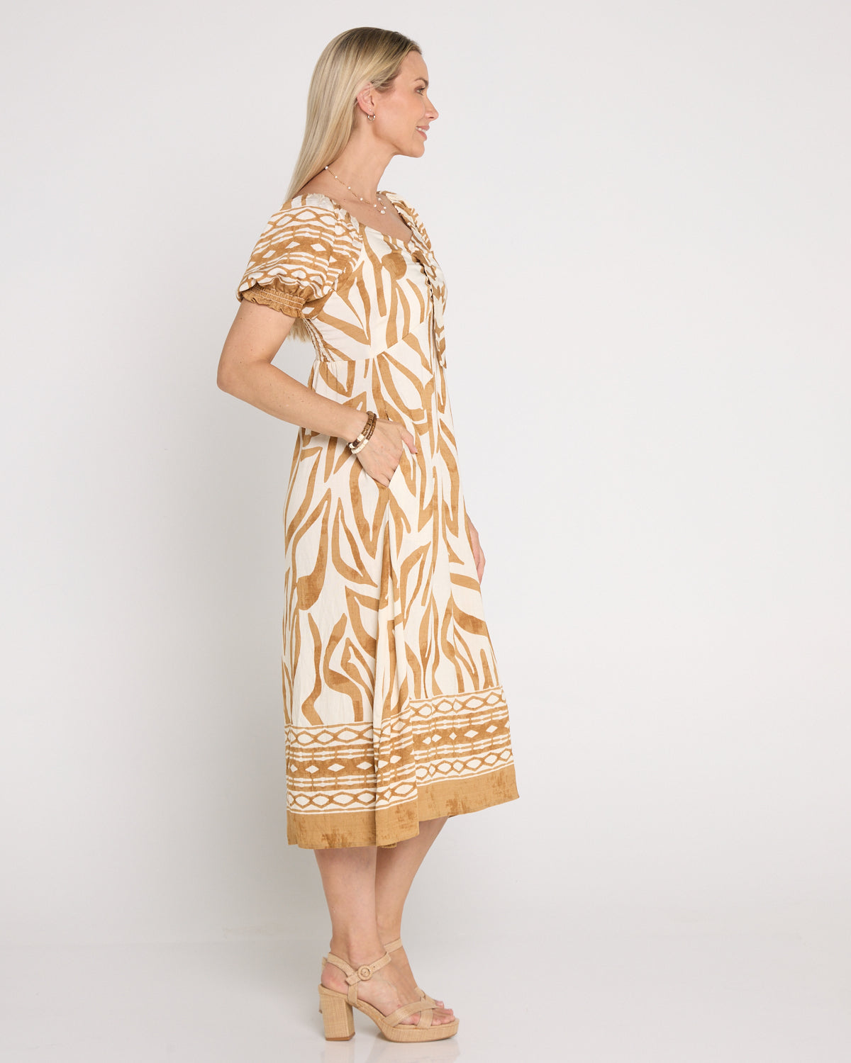 Adelina Puff Sleeve Dress - Sand Botanical