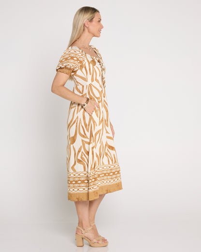 Adelina Puff Sleeve Dress - Sand Botanical