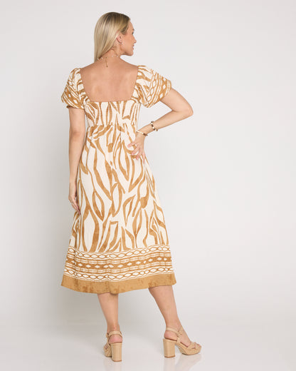 Adelina Puff Sleeve Dress - Sand Botanical