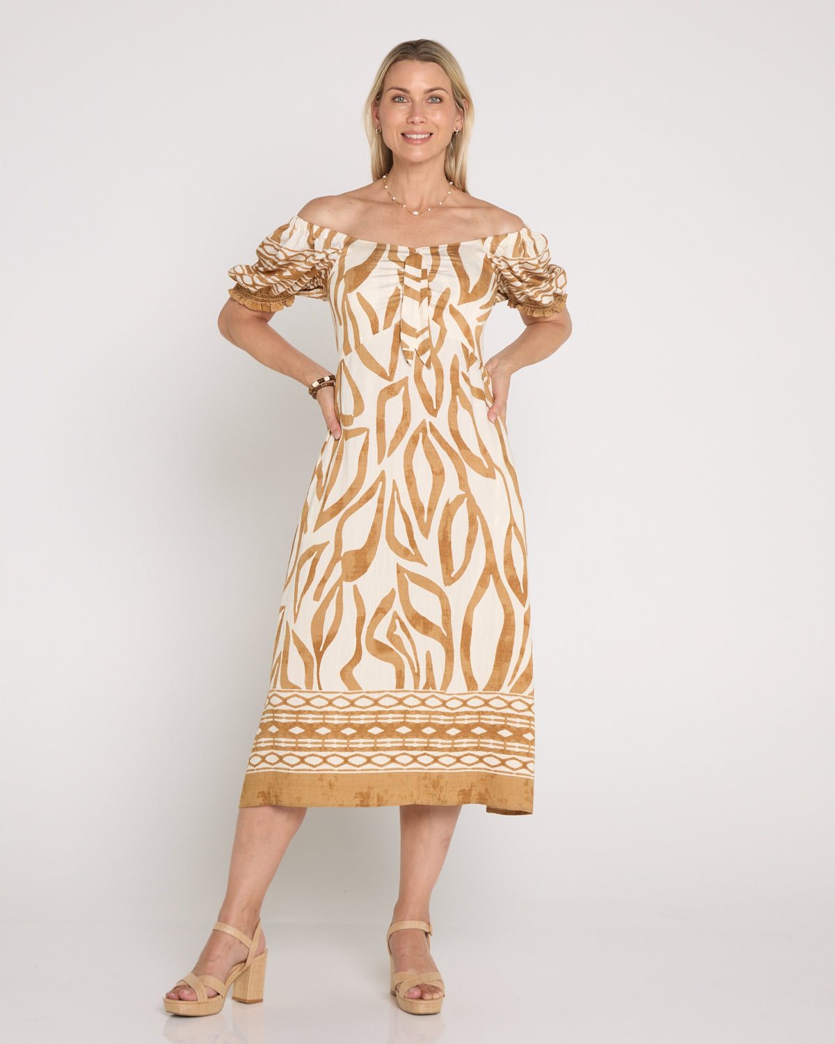 Adelina Puff Sleeve Dress - Sand Botanical