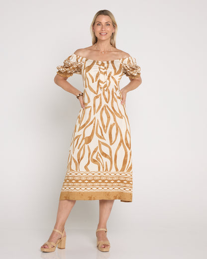 Adelina Puff Sleeve Dress - Sand Botanical