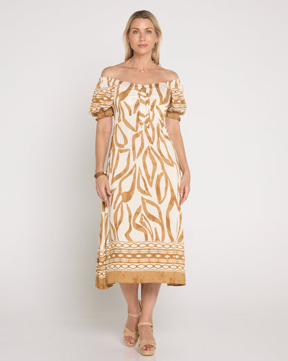 Adelina Puff Sleeve Dress - Sand Botanical