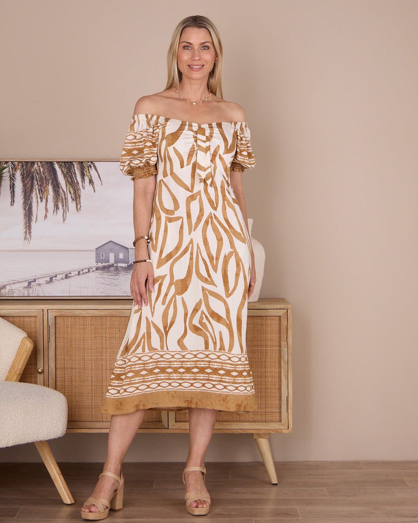 Adelina Puff Sleeve Dress - Sand Botanical