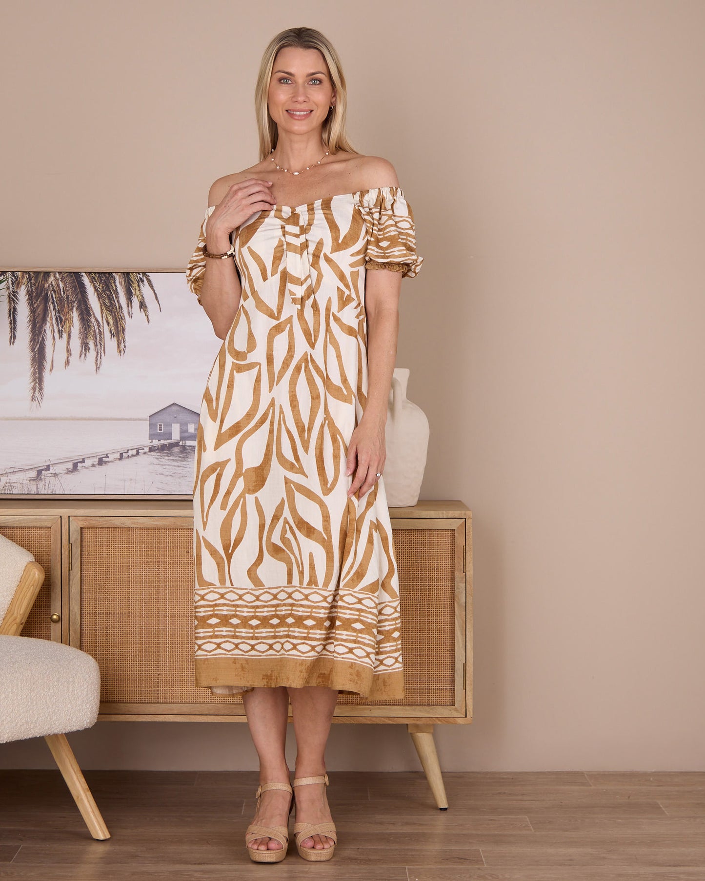 Adelina Puff Sleeve Dress - Sand Botanical