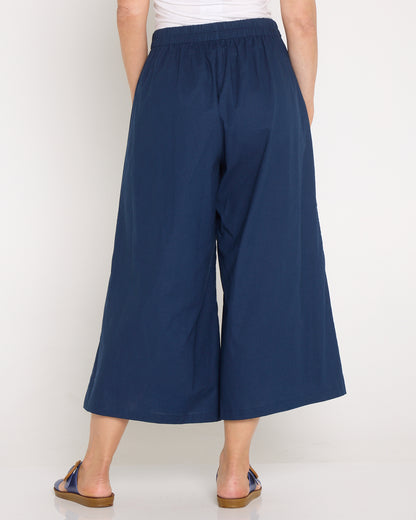 Luna Linen Wide Crop Pant - Navy