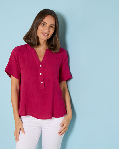 Gracie Cotton Muslin Top - Raspberry