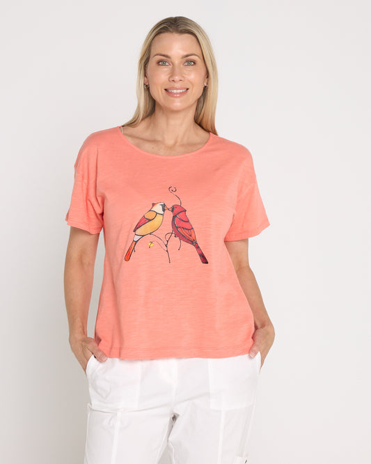 Callum Cotton Tee - Coral Birds
