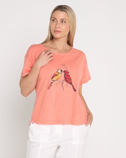 Callum Cotton Tee - Coral Birds