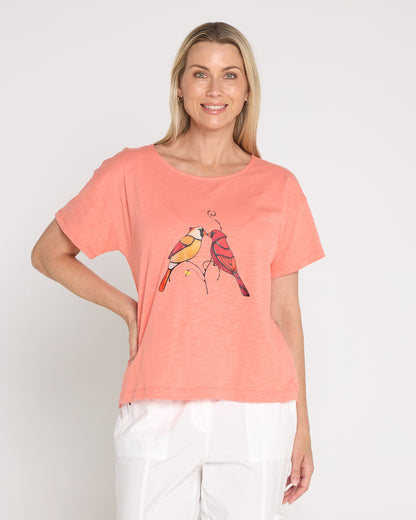 Callum Cotton Tee - Coral Birds