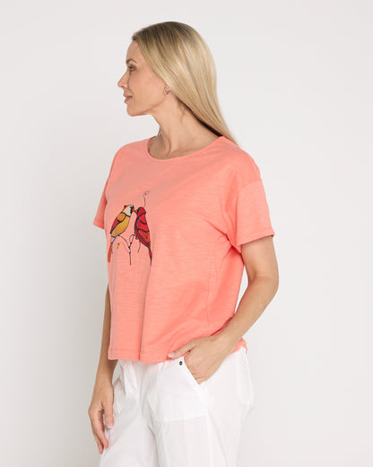 Callum Cotton Tee - Coral Birds