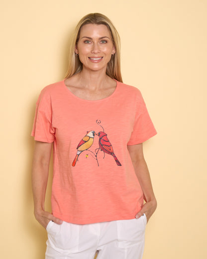 Callum Cotton Tee - Coral Birds