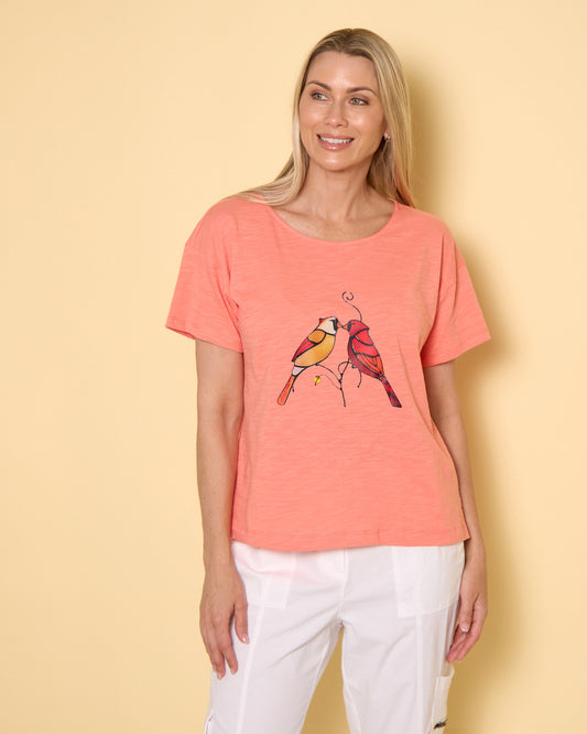 Callum Cotton Tee - Coral Birds