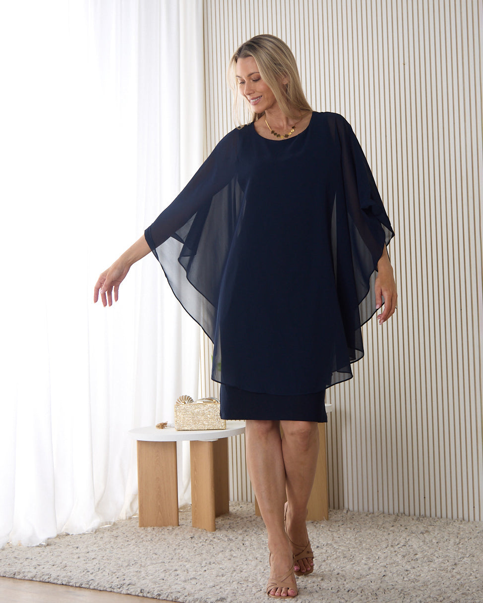 Diana Chiffon Overlay Dress - Navy