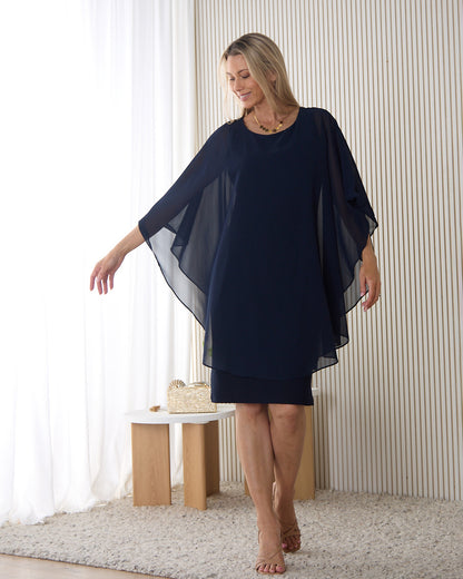 Diana Chiffon Overlay Dress - Navy